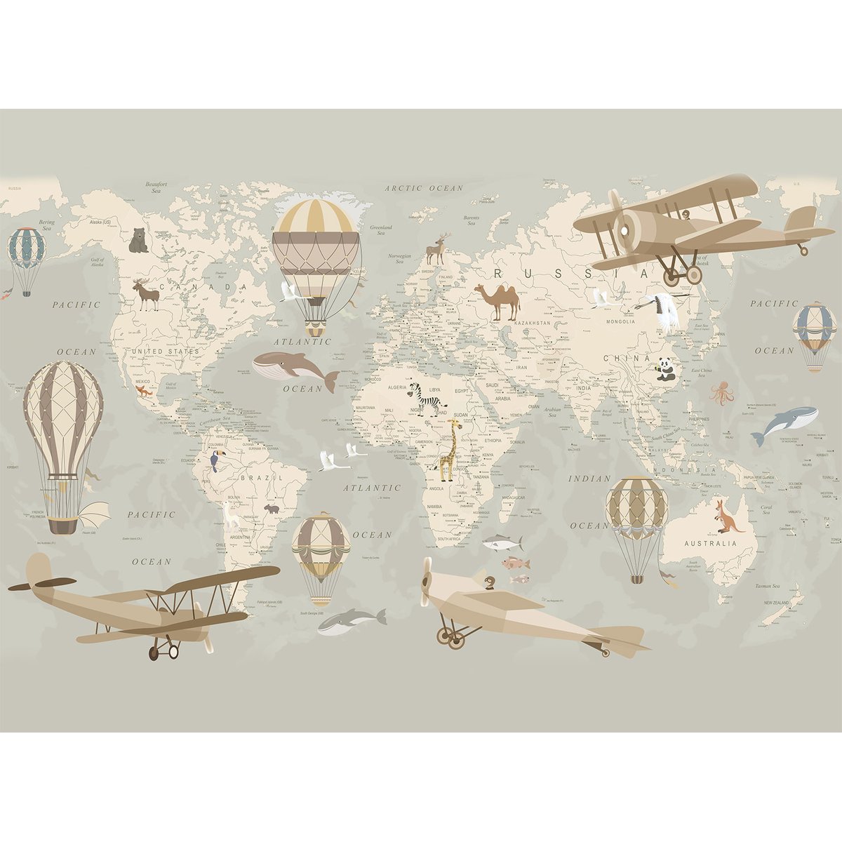 Papier peint enfant carte du monde et montgolfieres intissé, HEXOA