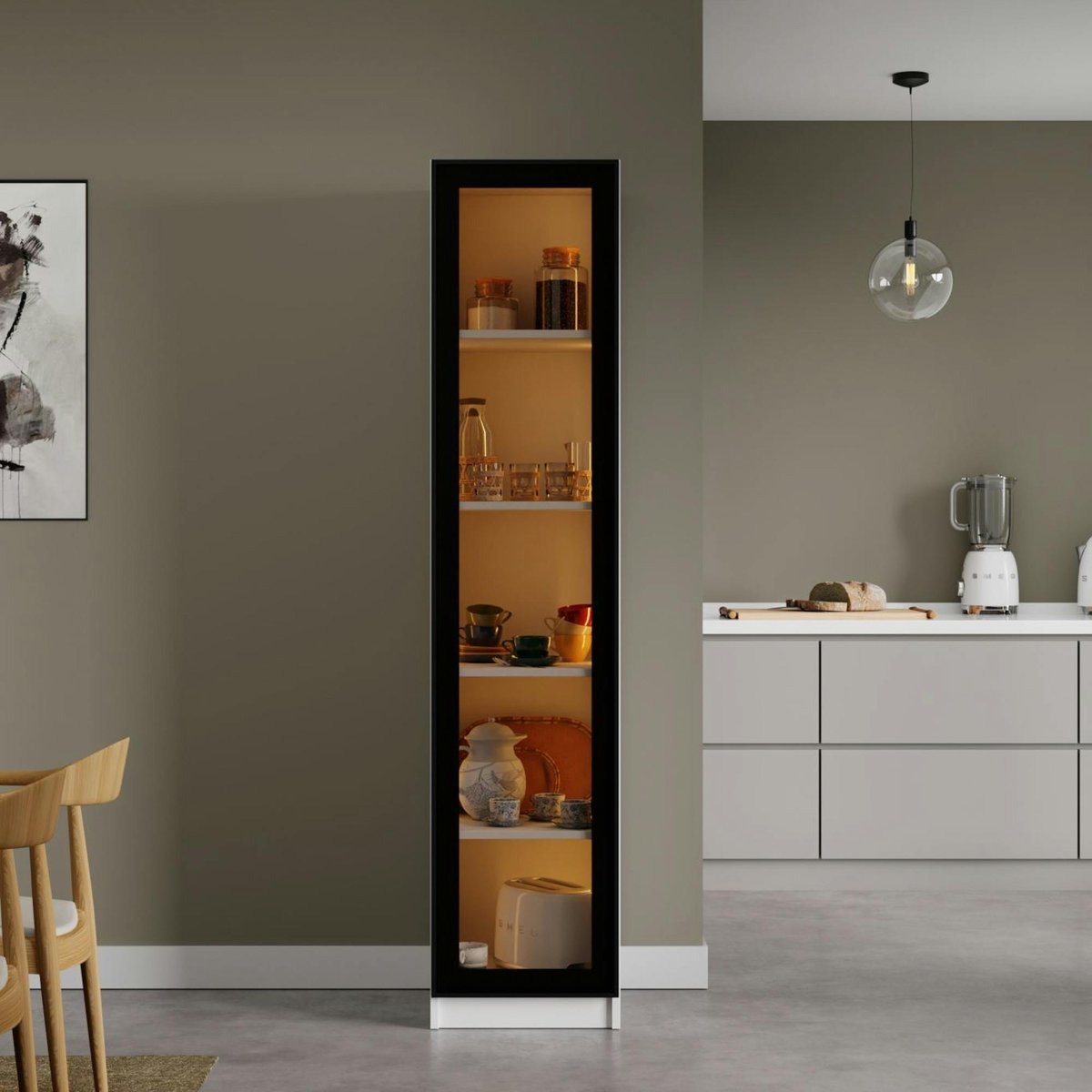 Vitrine colonne à LED décor blanc et noir 5 étagères AURA blanc, PIER IMPORT