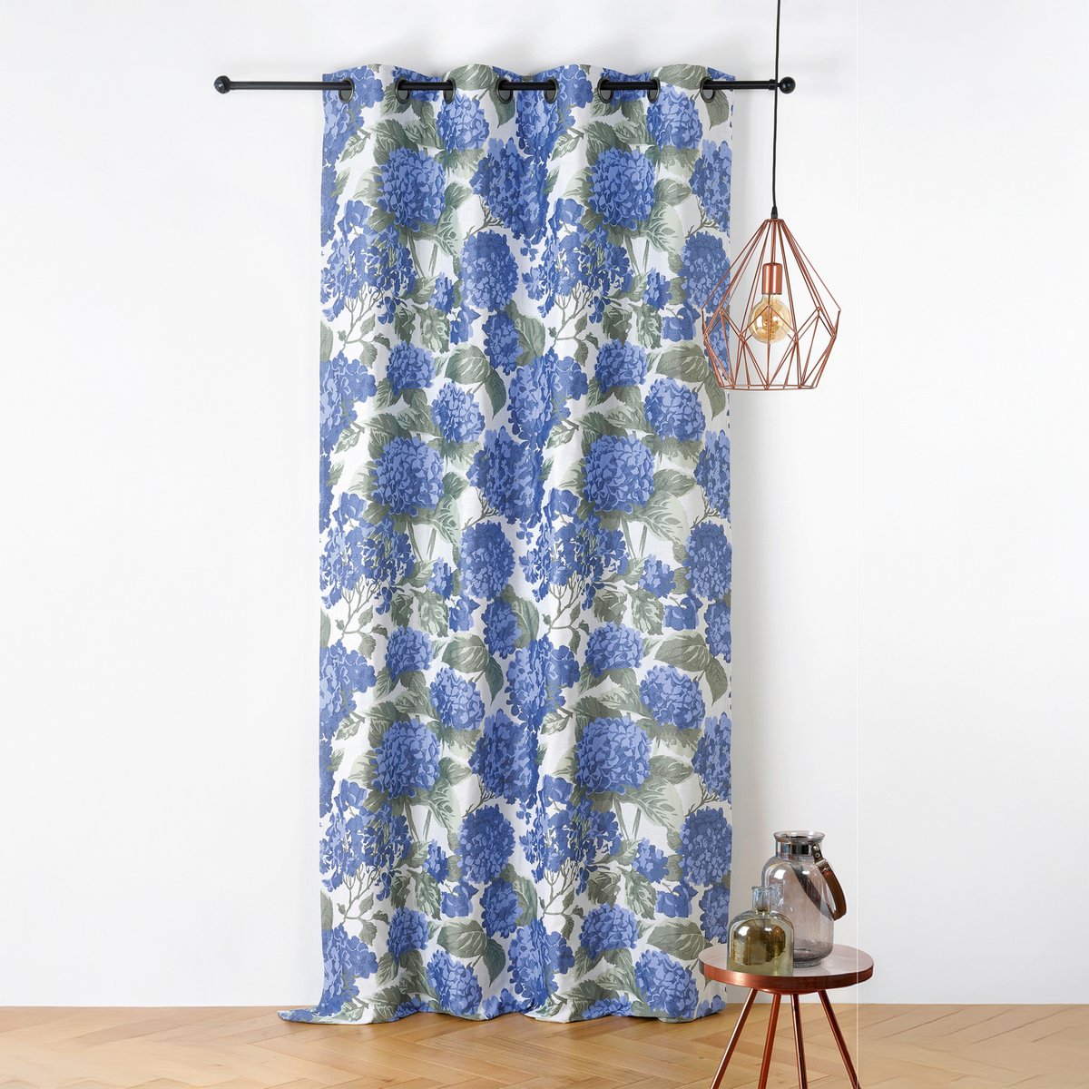 Rideau jacquard à motif hortensia bleu, LINDER