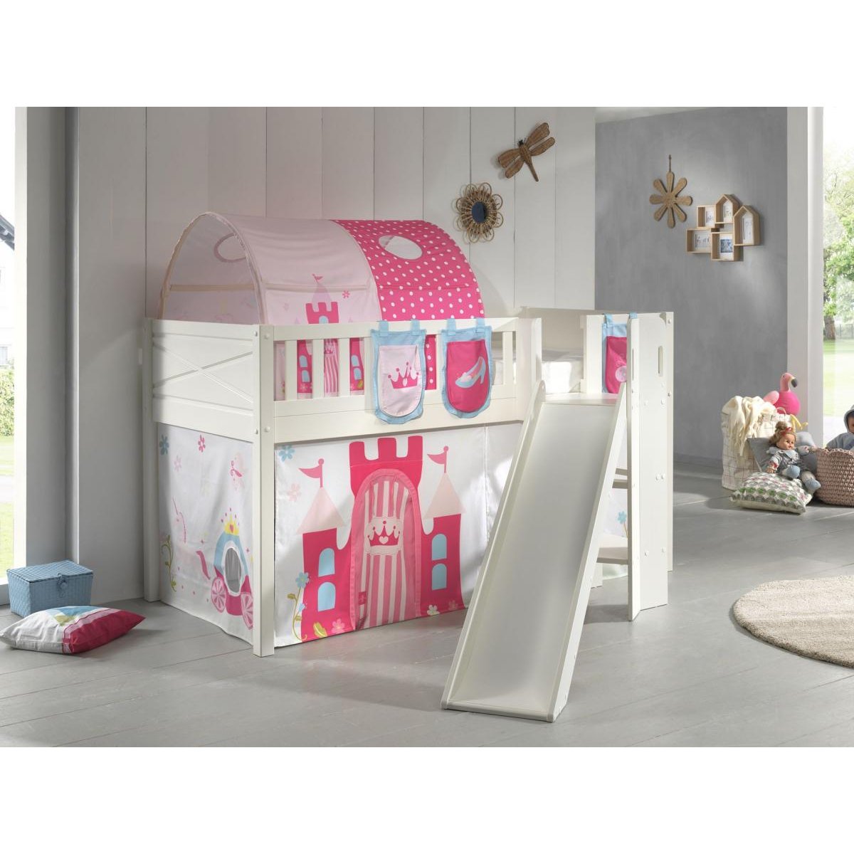 Scott Lit Mezzanine Toboggan et Rideau Princess, Tunnel et 3 Sacs Rangement couleur unique, VIPACK