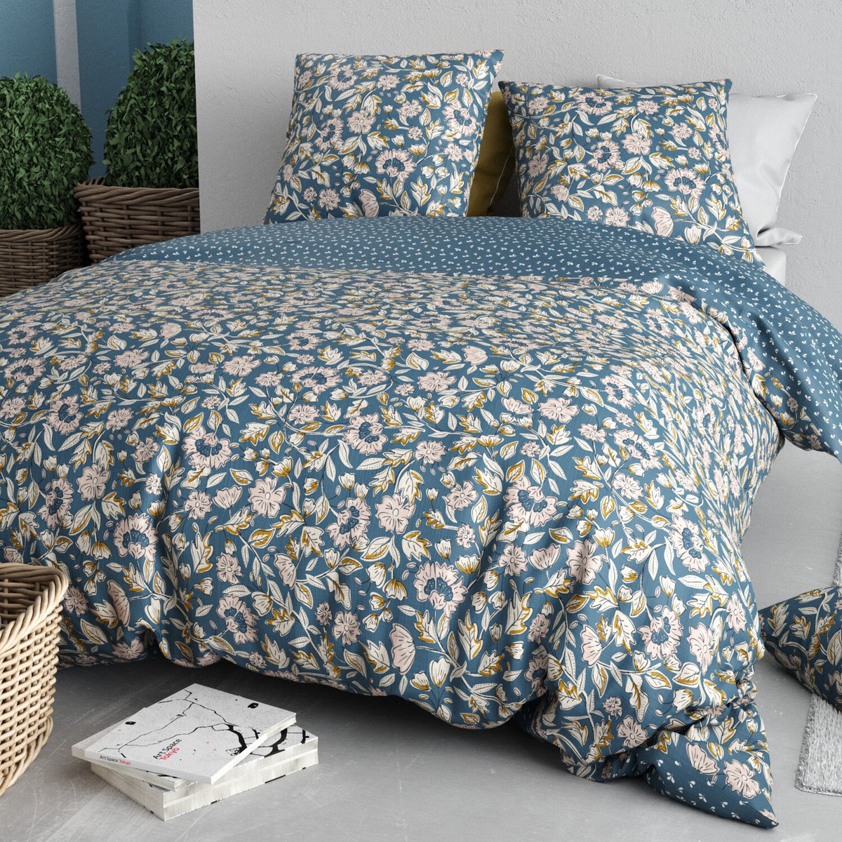 Parure housse de couette en percale de coton imprimée, Frida rose, C DESIGN HOME TEXTILE