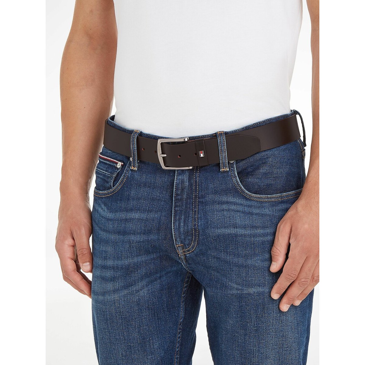 Ceinture large en cuir New Denton 4 cm marron foncé, TOMMY HILFIGER