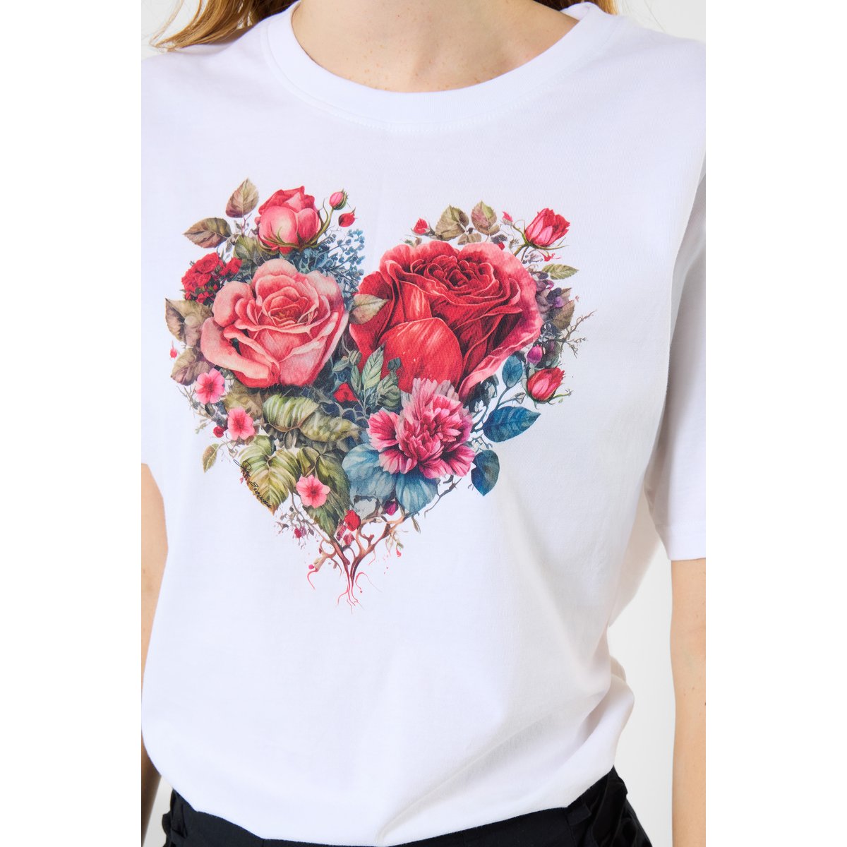 T-shirt à motif cœur et roses blanc, JOE BROWNS