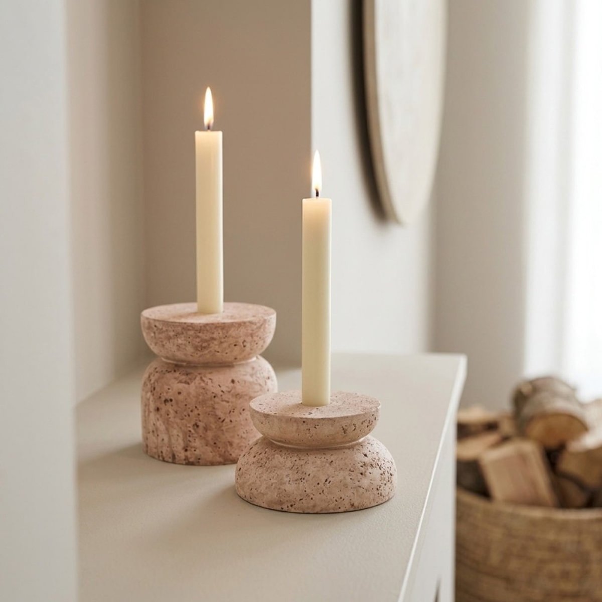 Bougeoir imitation travertin 10cm beige, ORNAMI