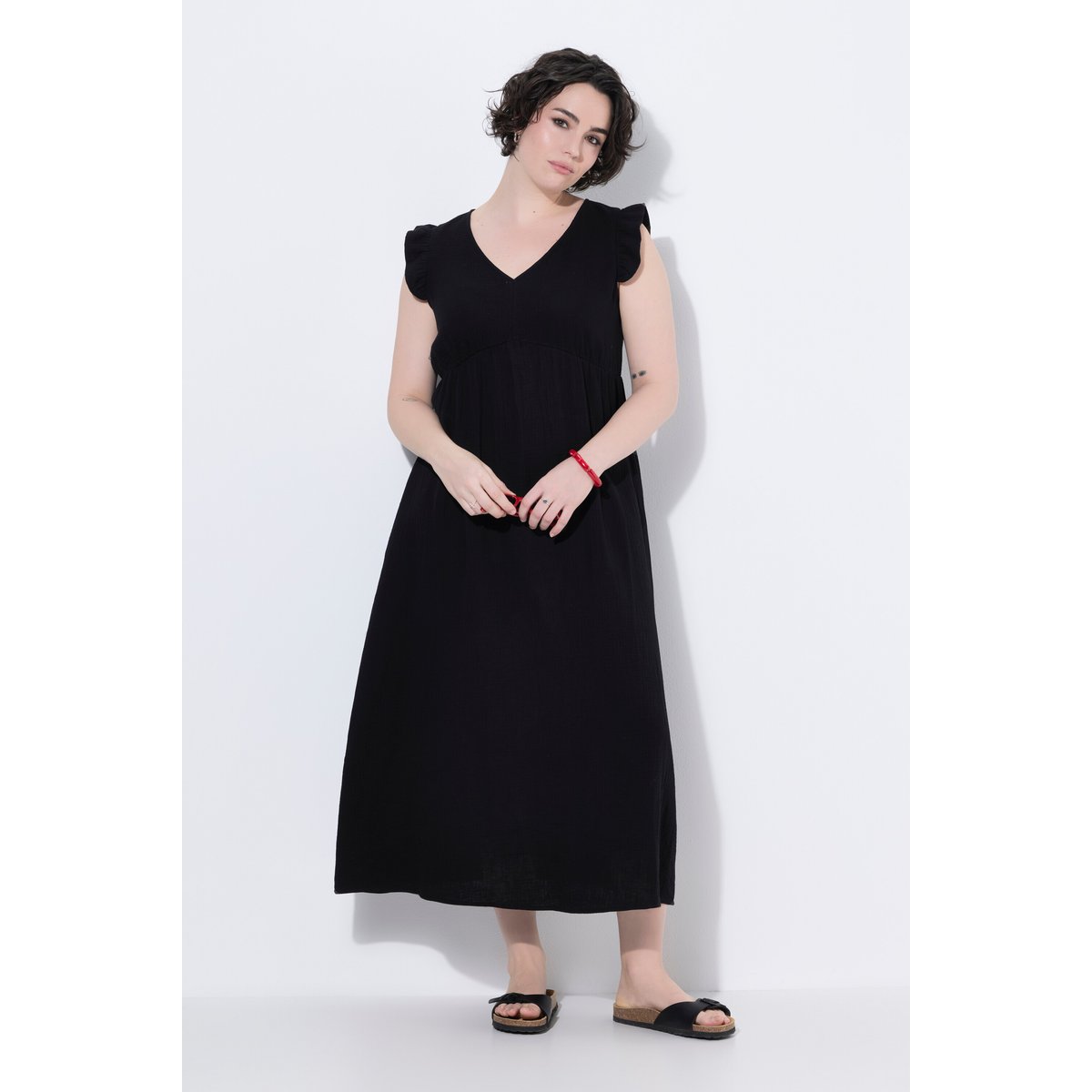 Robe longue, coupe A, col V noir, ULLA POPKEN