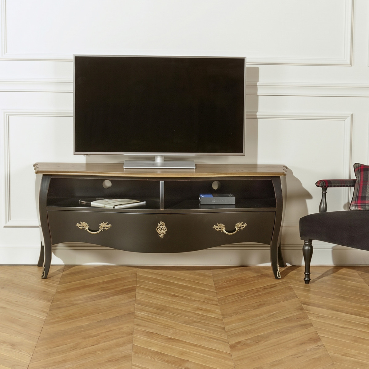 Meuble tv style shabby chic en chêne ALIENOR noir, ROBIN DES BOIS
