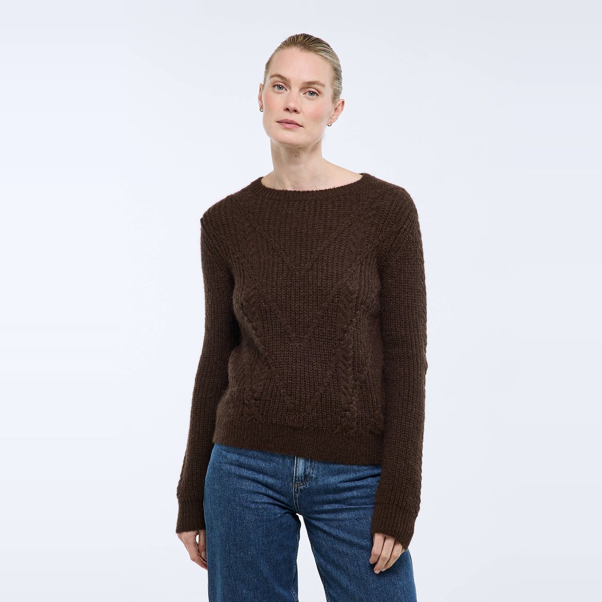 Pull col rond uni avec torsades, contenant de l'alpaga souche, MONOPRIX