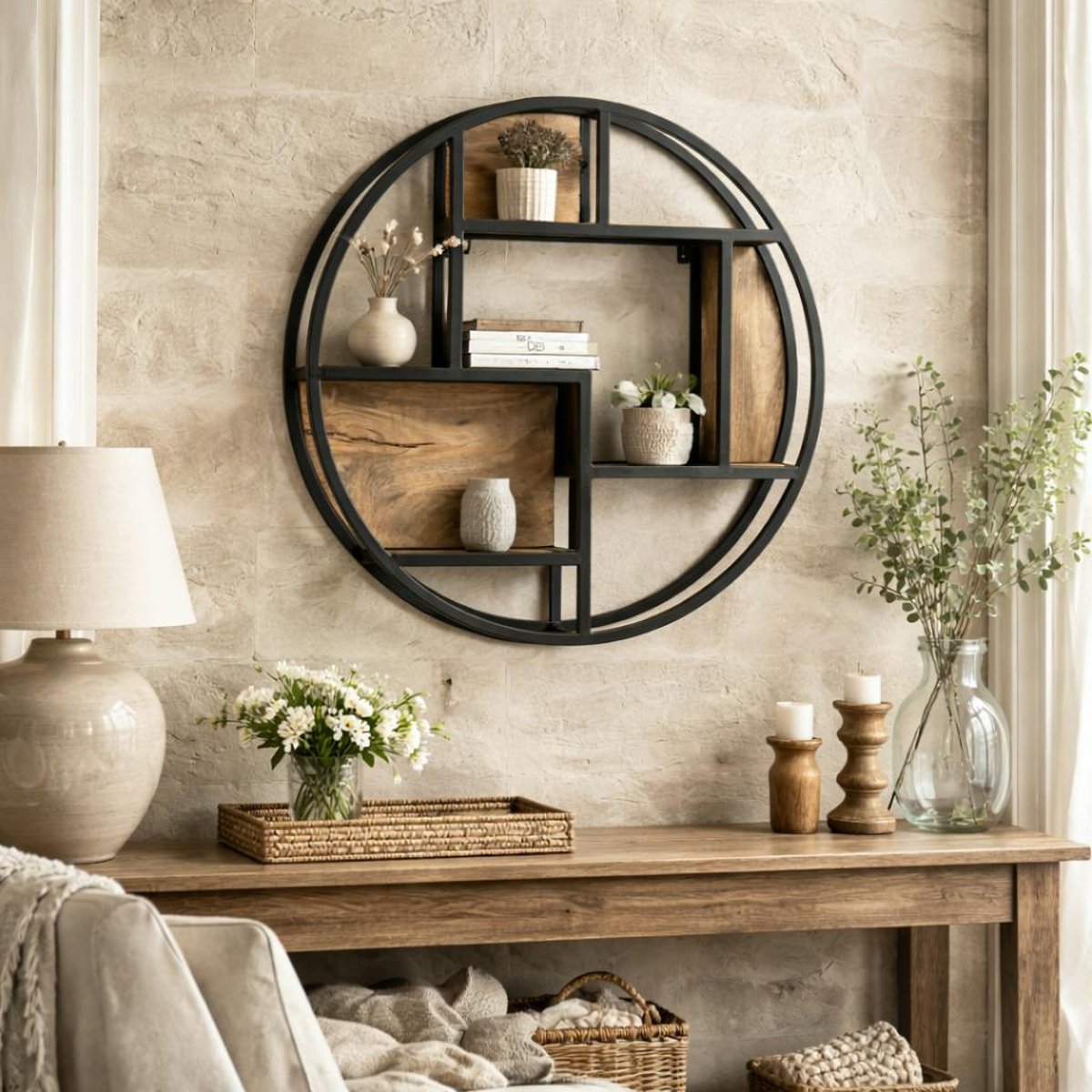 Etagère murale ronde bois clair métal noir RIVANO bois naturel, PIER IMPORT