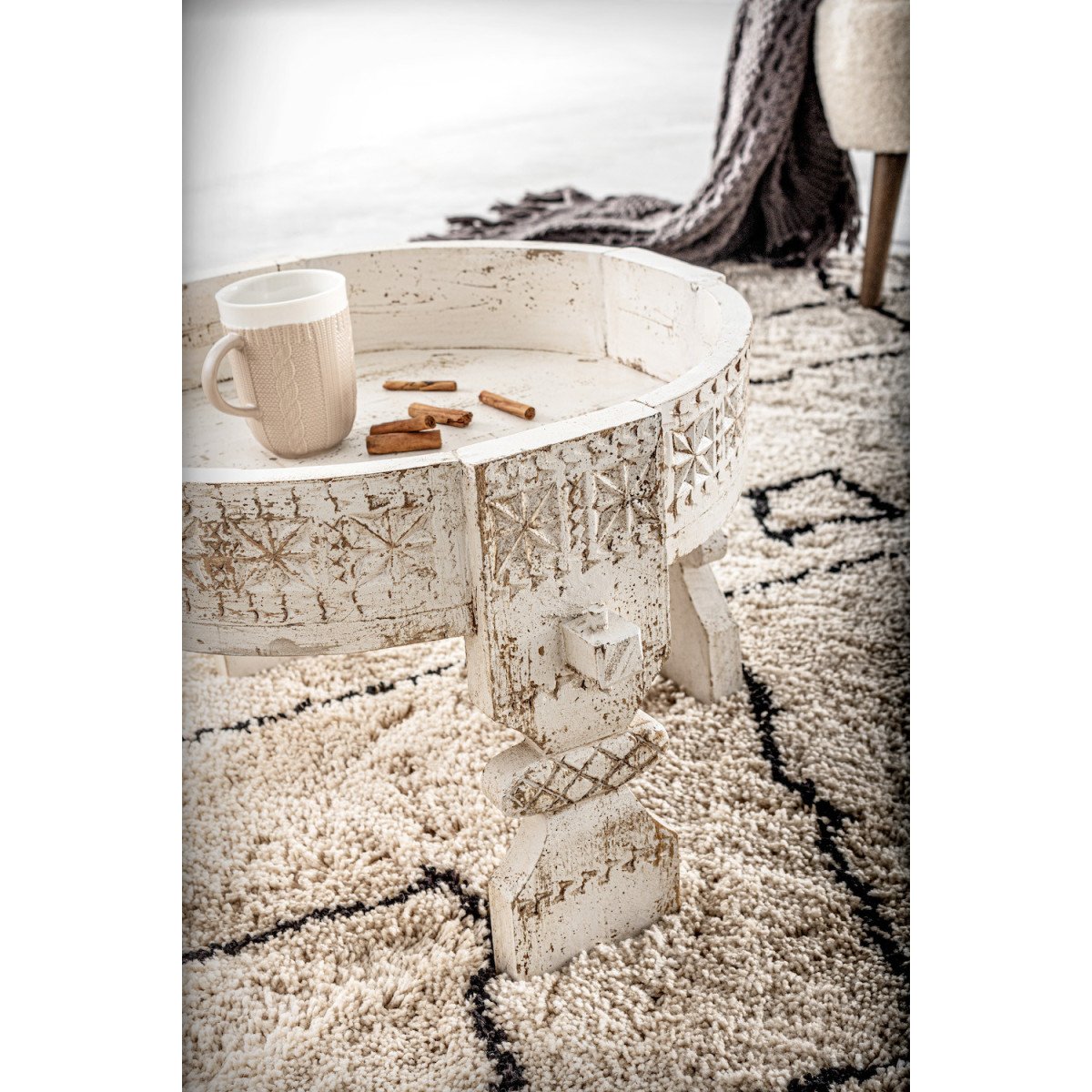 Table basse ronde en bois sculpté - AMAYA blanc, MATHI DESIGN