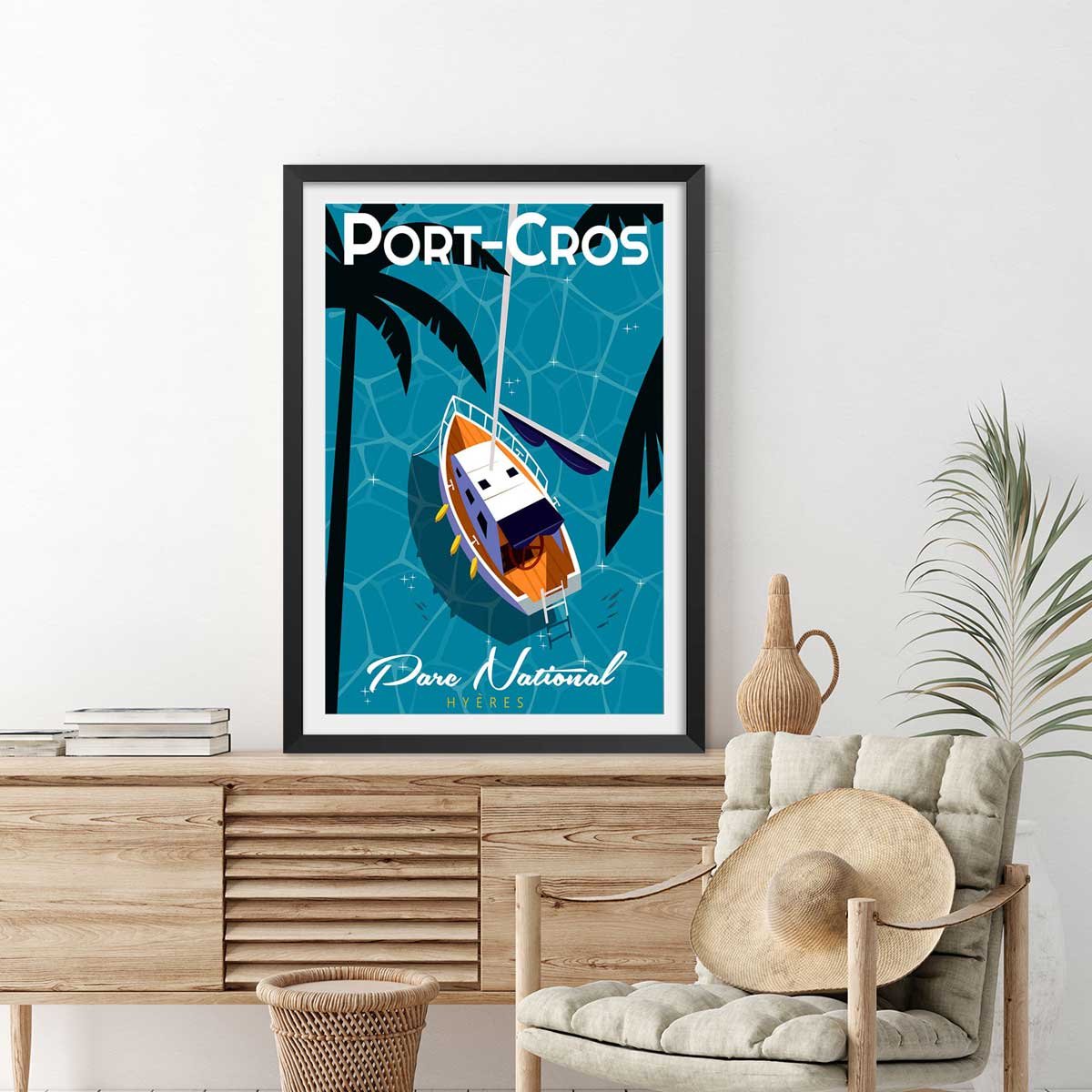 Poster de port cros affiche + cadre en bois - noir, HEXOA