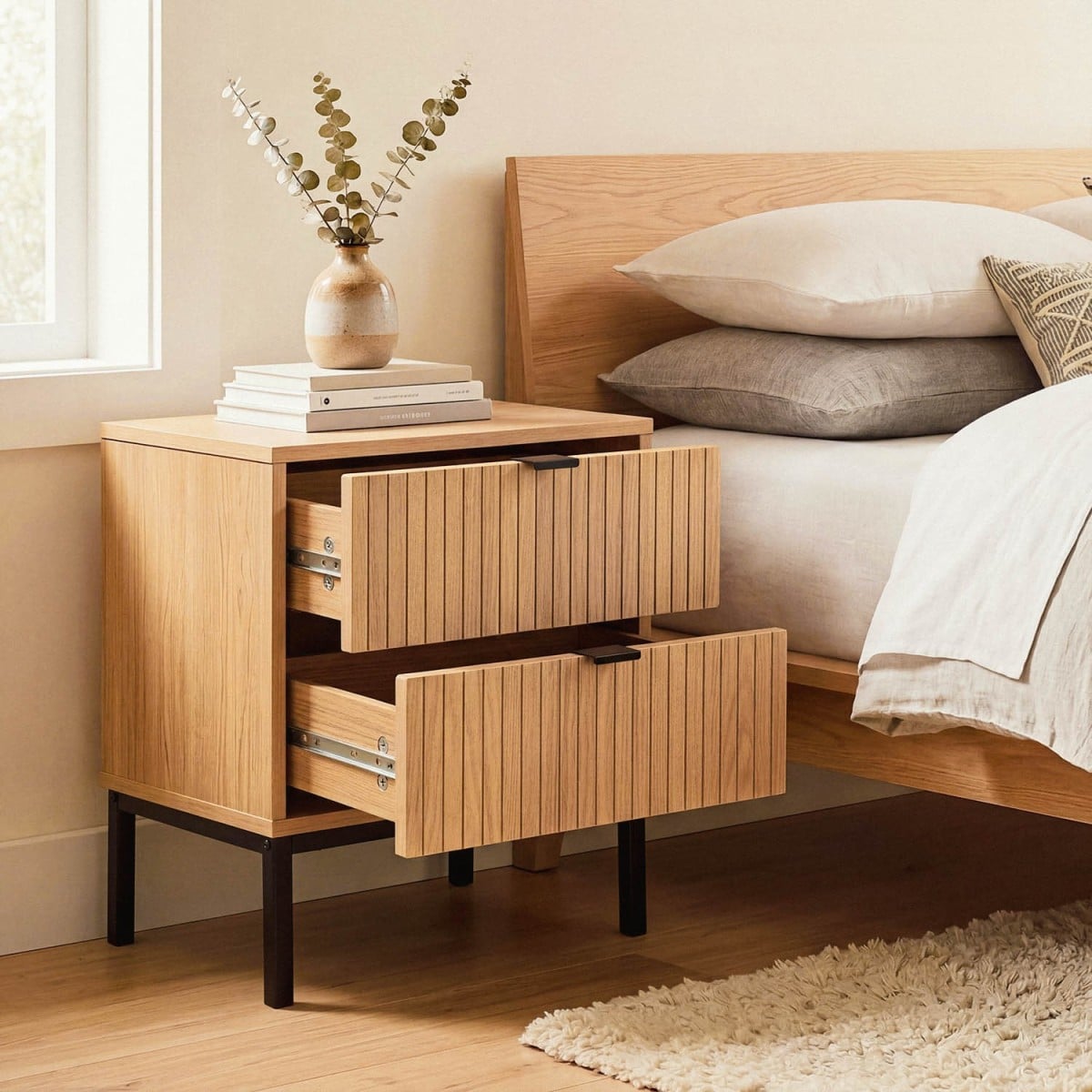 Table de Chevet 2 Tiroirs Effet Bois Rainuré H51cm - TARA bois clair, CALICOSY