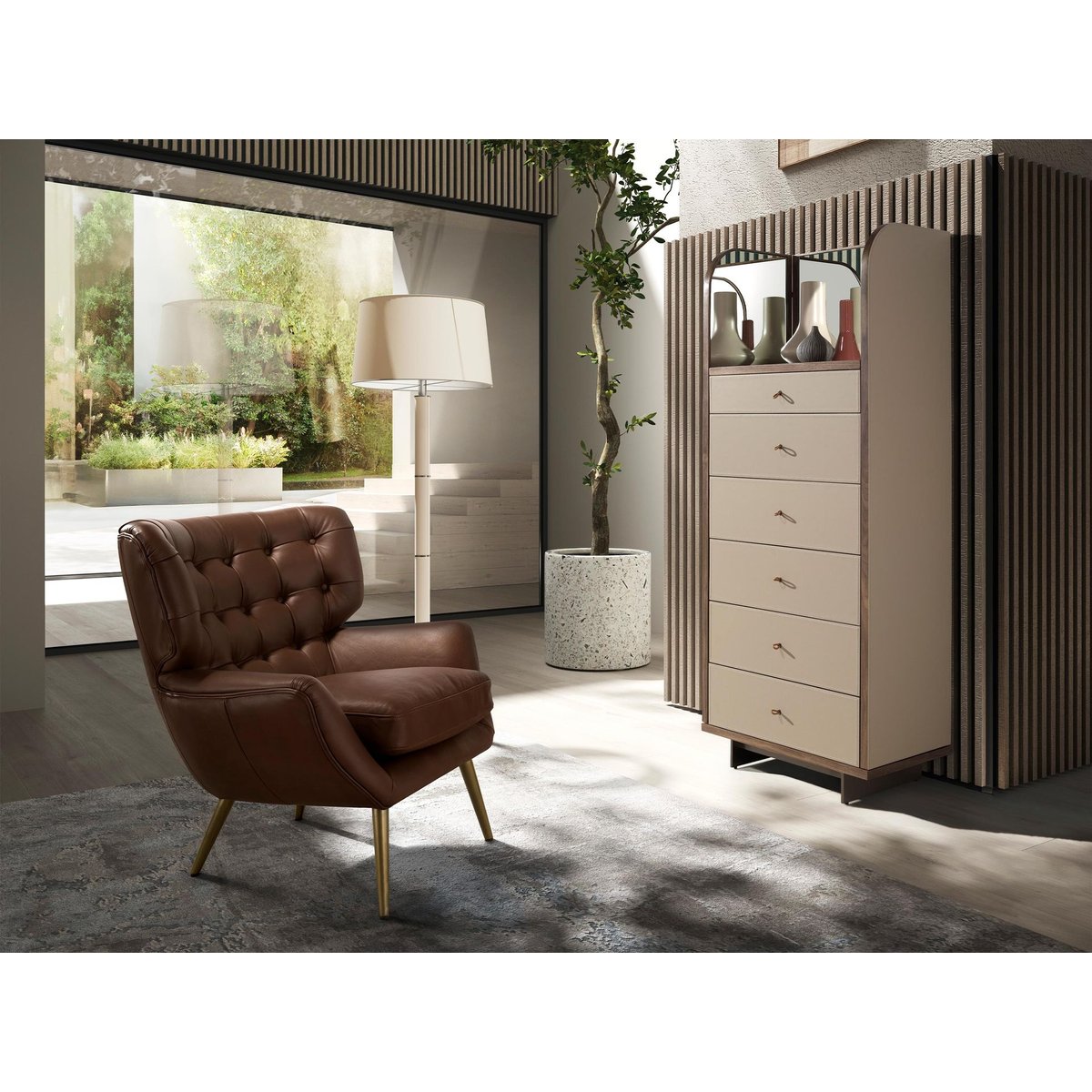 Commode en similicuir, noyer et acier poli avec miroir vison | noyer | acier, ANGEL CERDA