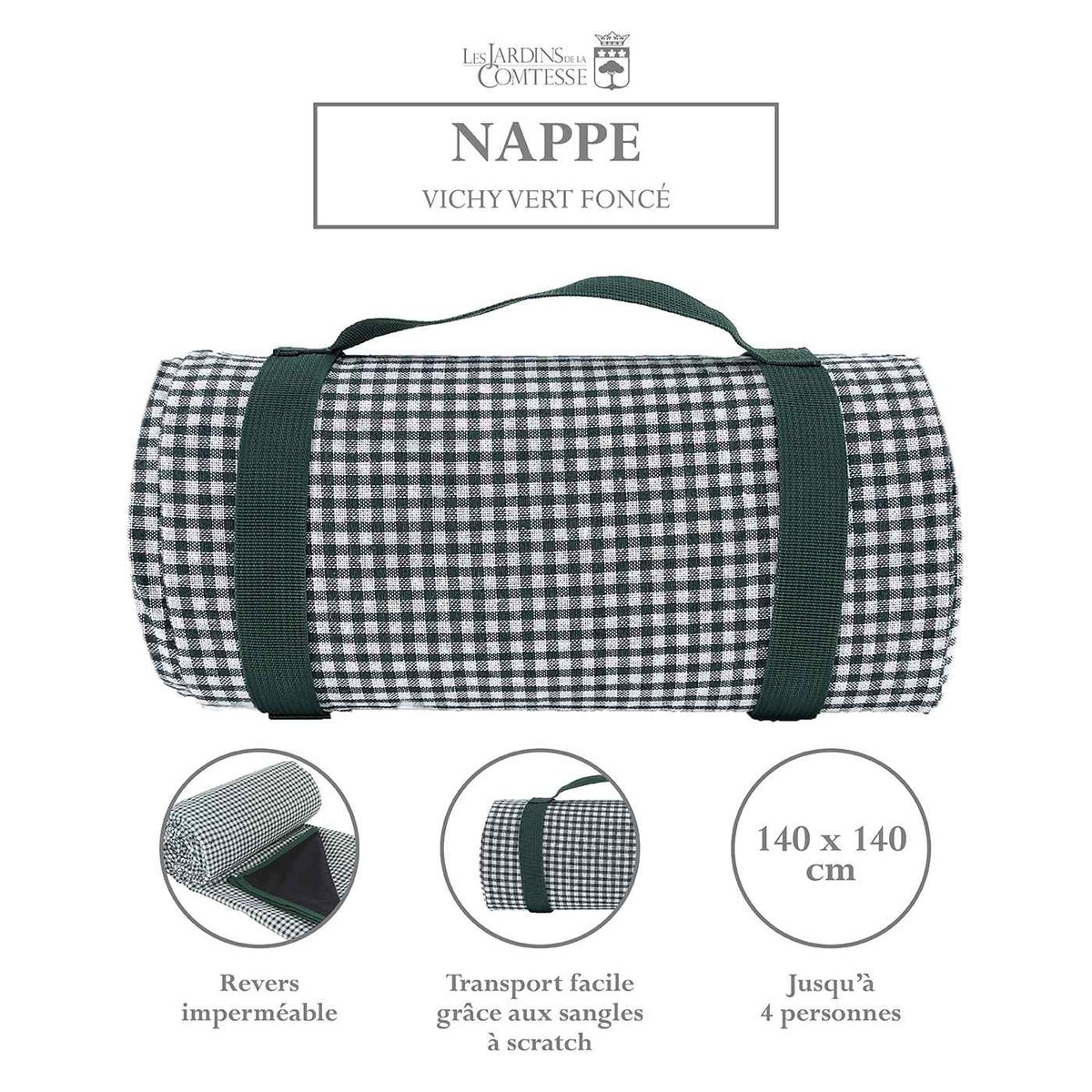 Nappe pique-nique XL à revers imperméable vichy vert foncé, LES JARDINS DE LA COMTESSE