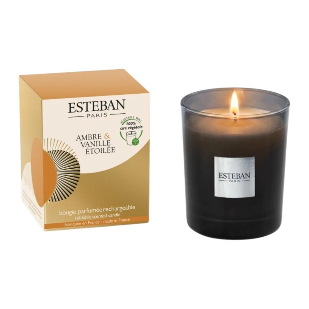 Bougie initiale Ambre et vanille étoilée 180g noir, ESTEBAN