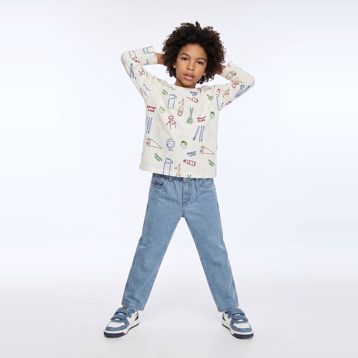 Pantalon droit élastiqué uni en coton double stone, MONOPRIX