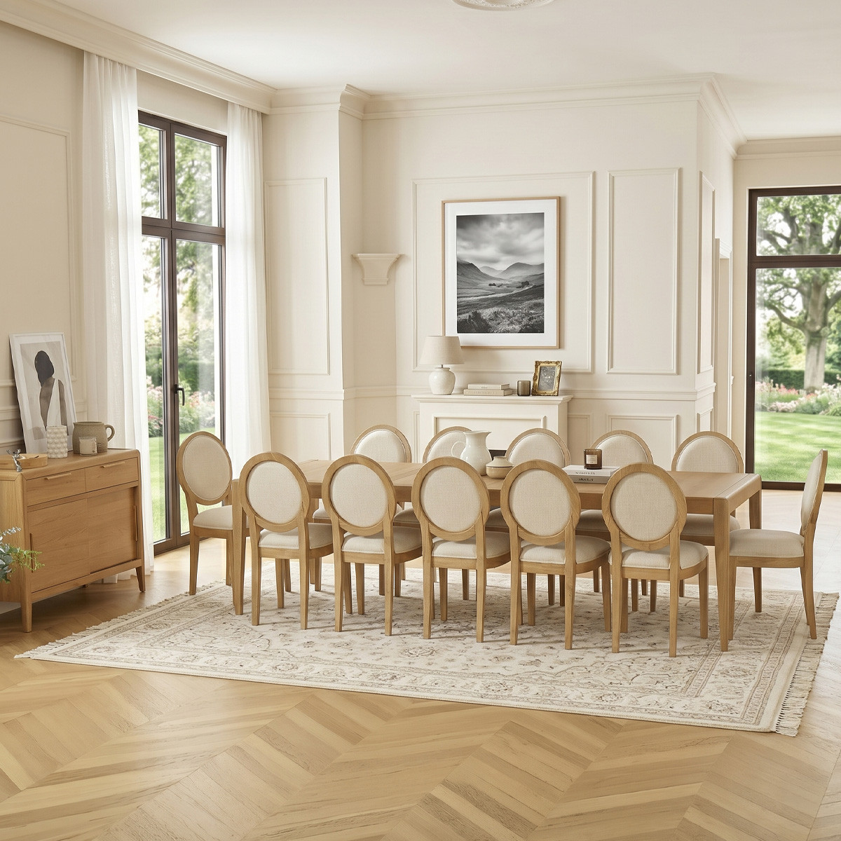 Table à manger aux angles arrondis 12 couverts en chêne, 280 x 100 cm TENNESSEE beige, ROBIN DES BOIS