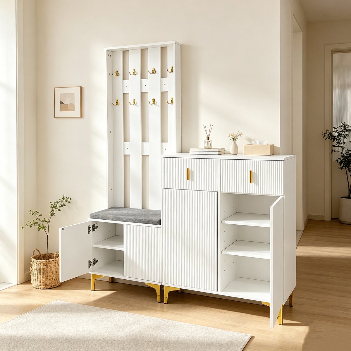 Vestiaire d'entrée avec banc et rangement, PORTER-L blanc, MEUBLES COSY