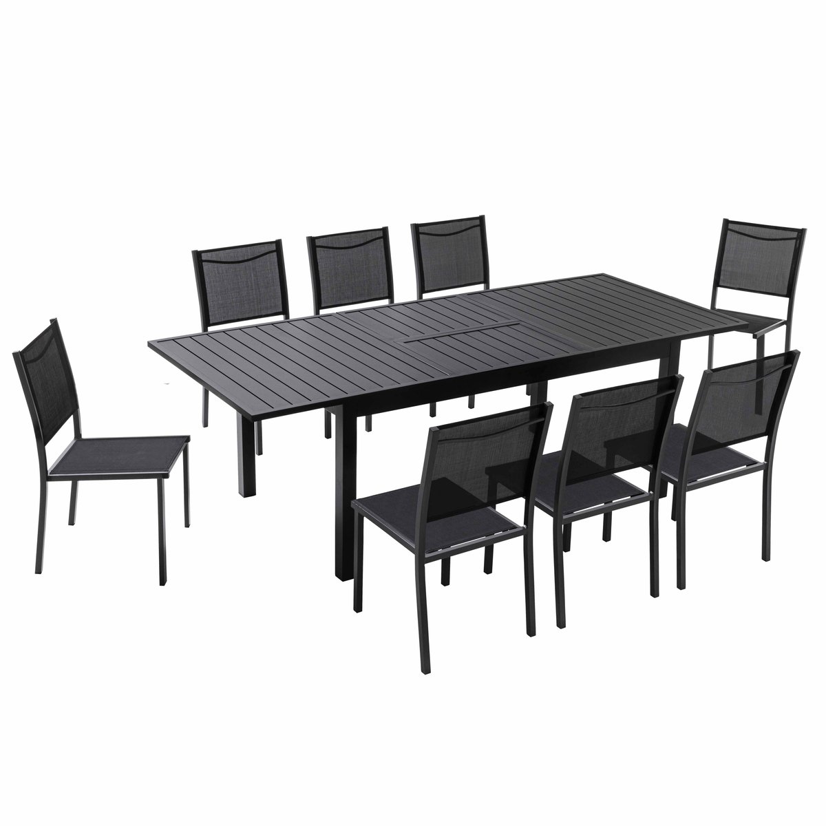 Table de jardin rectangulaire extensible en aluminium avec 8 chaises, BUTTERFLY noir, OVIALA