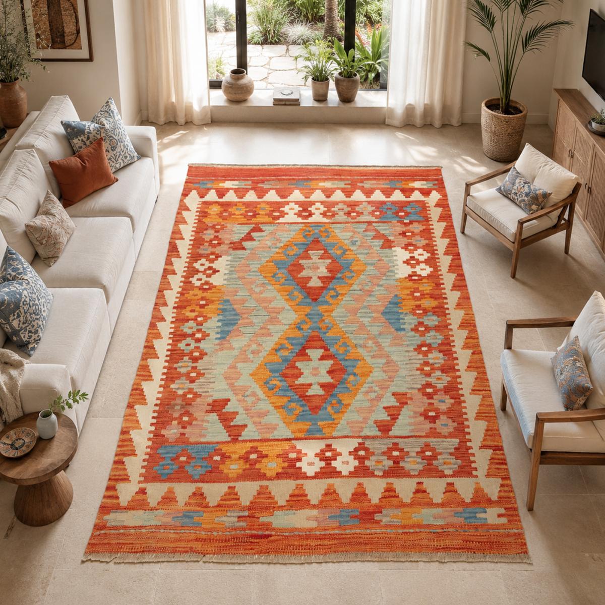 Tapis kilim au motif ethnique, tissé plat artisanal, KILIM 45 rouge, bleu, orange, UN AMOUR DE TAPIS