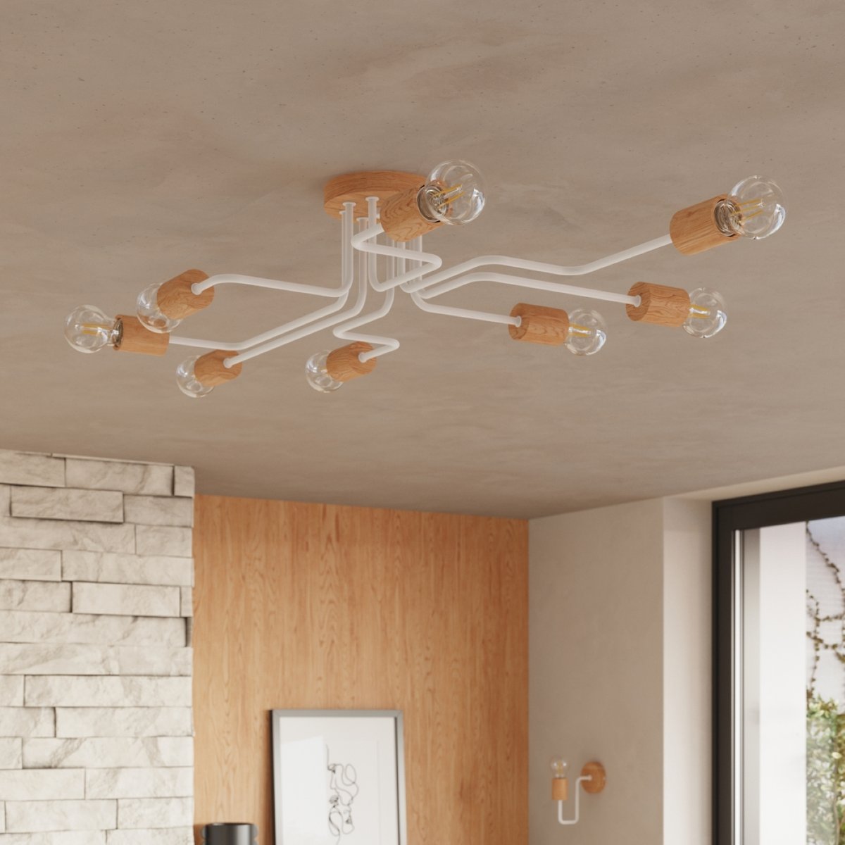 Lustre Acier Blanc/Bois Naturel E27 6 Timbo blanc, EDEN