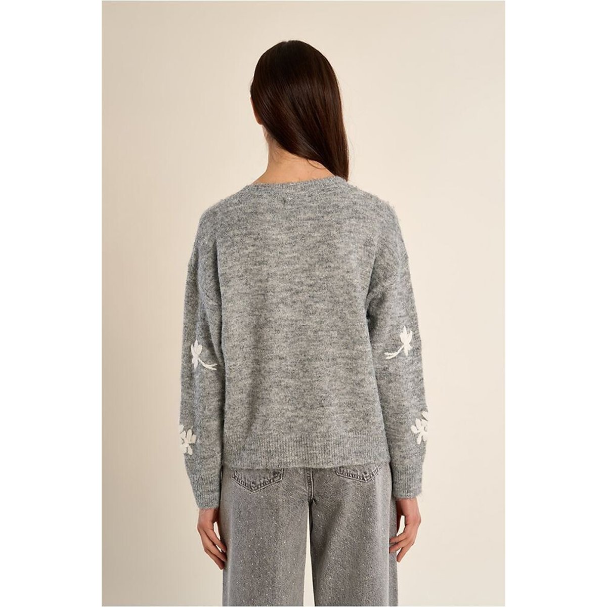 Cardigan en maille à fleurs gris clair, MOLLY BRACKEN