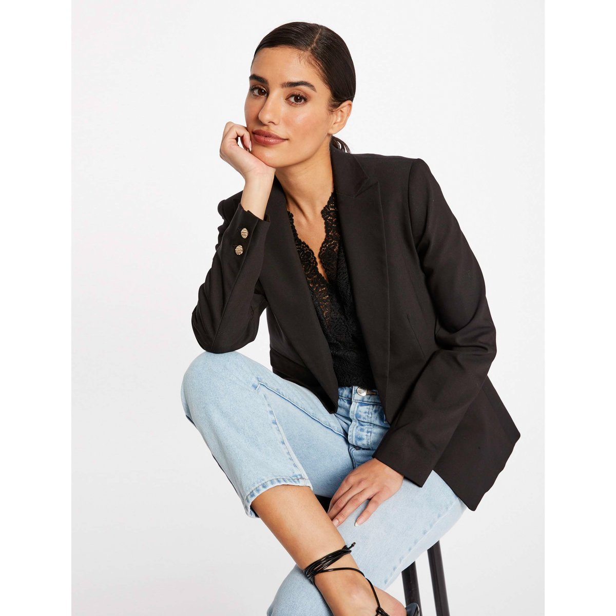Veste tailleur droite boutonnée noir, MORGAN