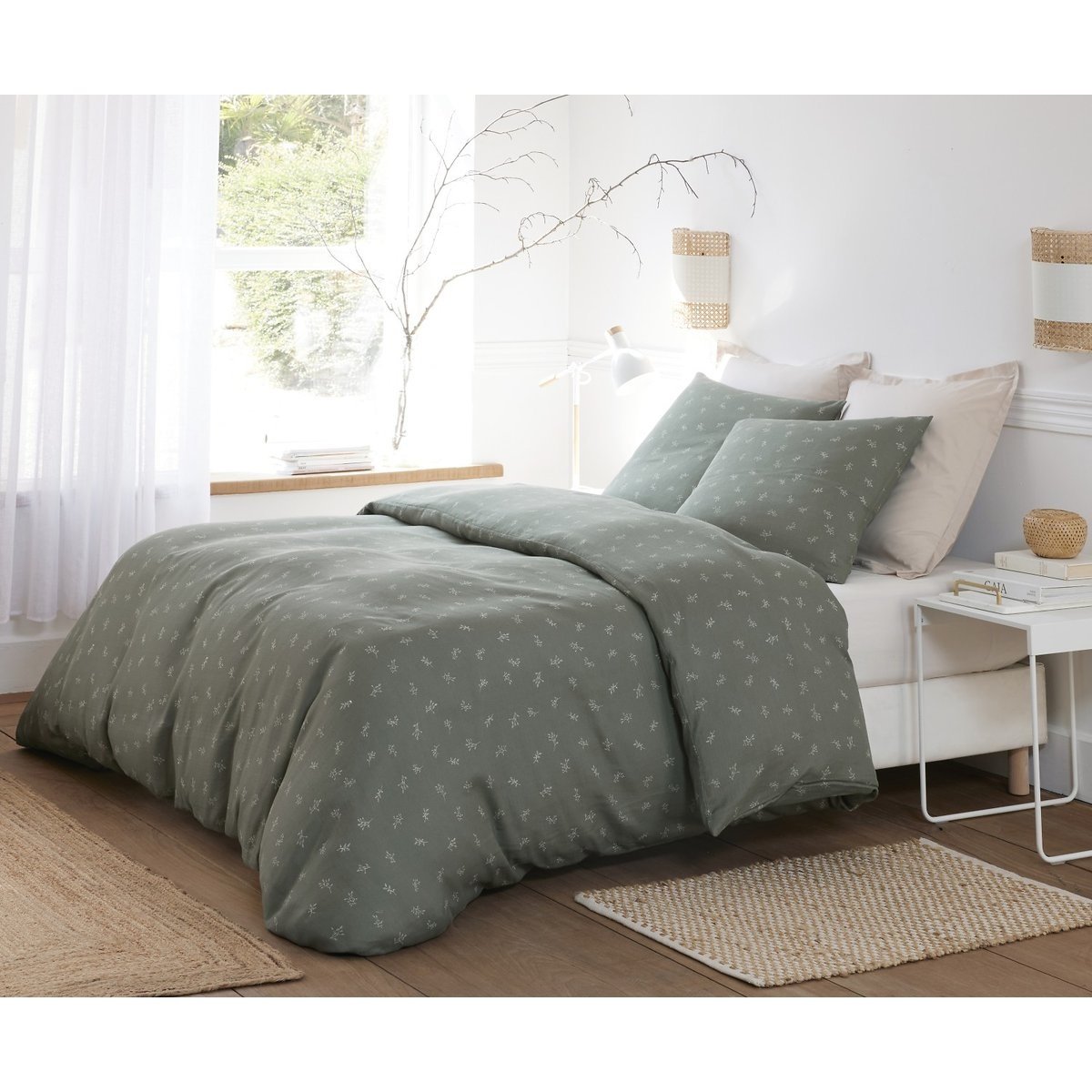 Housse de couette + taies gaze de coton Celestine vert, EDEN