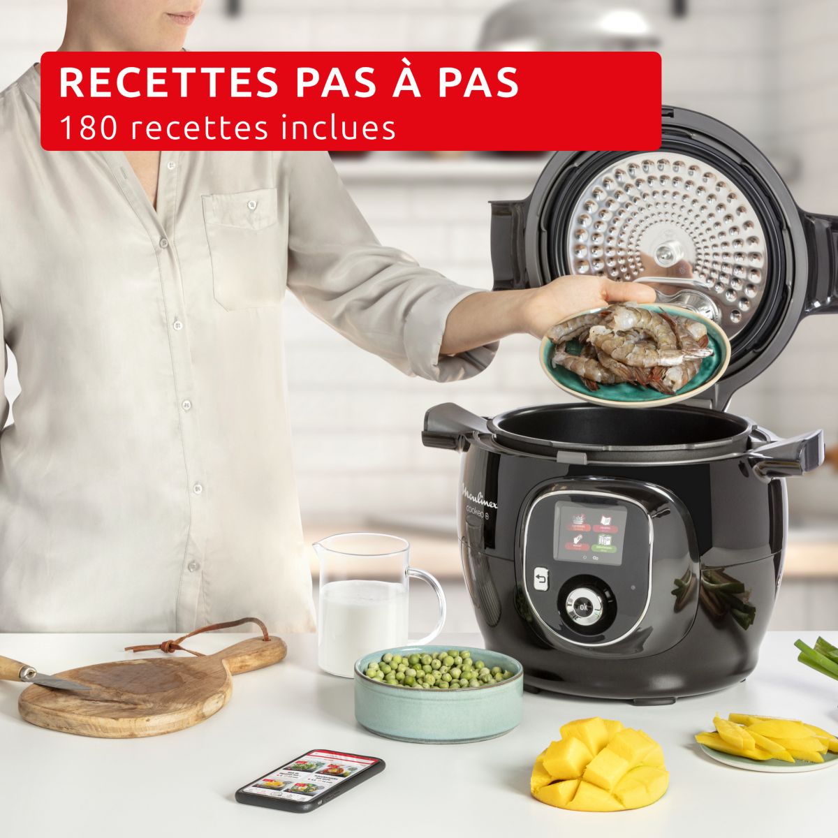 Cookeo CE85B8F0 Cookeo+ STD Noir - 6L (jusqu'à 6 personnes) - 6 mode de cuisson - 180 recettes couleur unique, MOULINEX