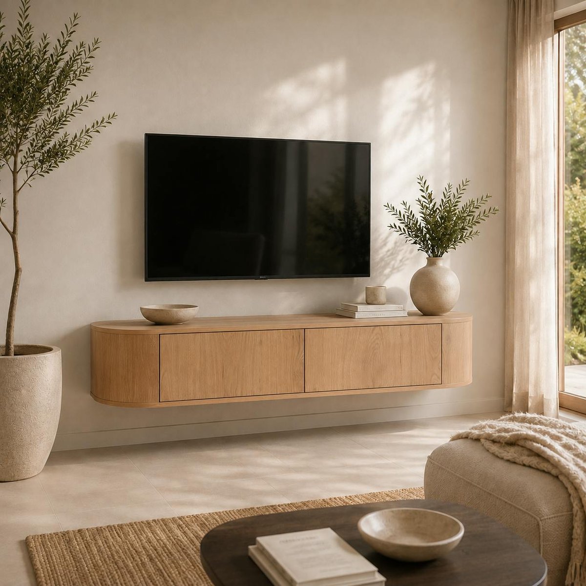 Meuble TV suspendu en chêne, 2 portes LOREN bois clair, PIER IMPORT