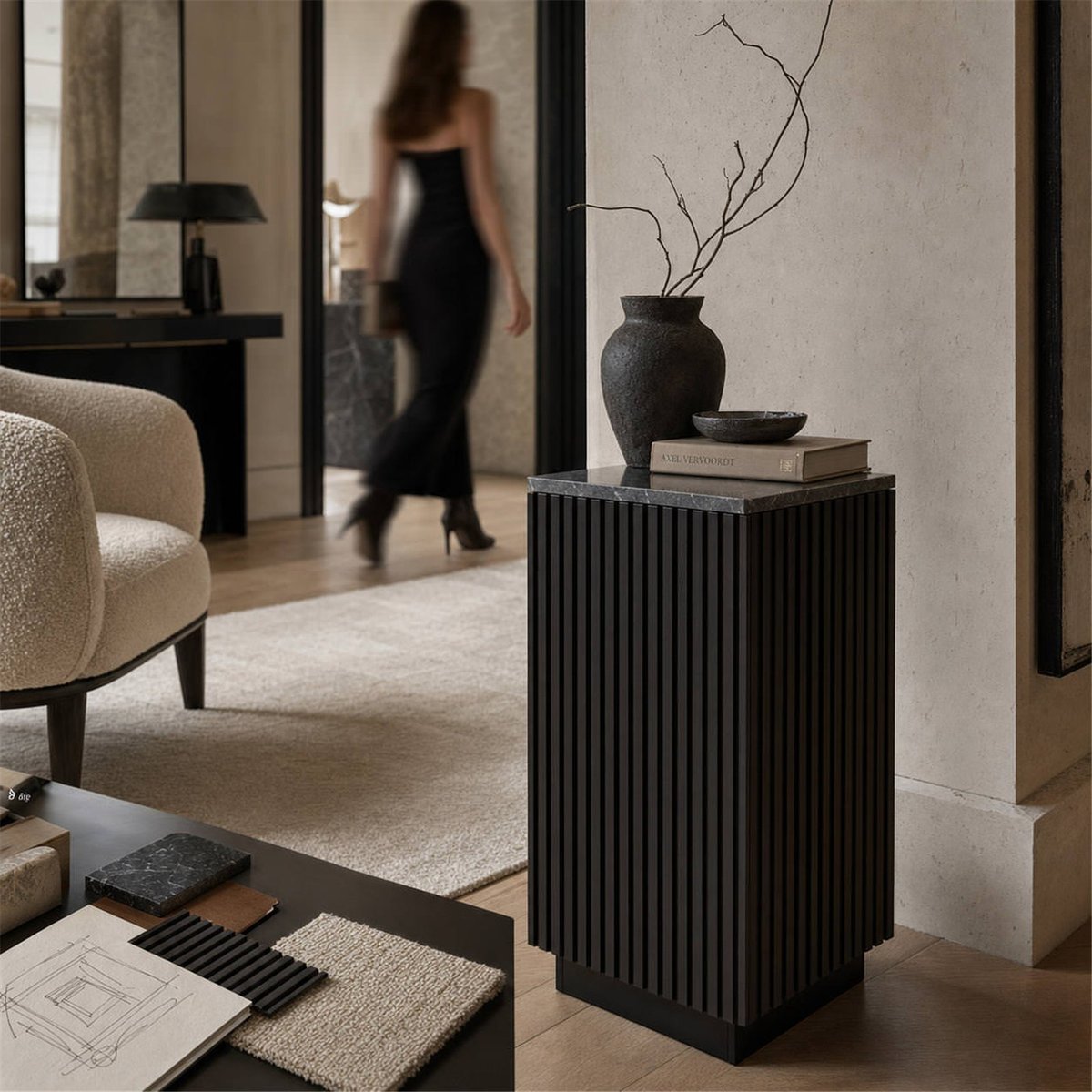 Sellette d'appoint en marbre et bois marron foncé et noir, RECOLLECTION