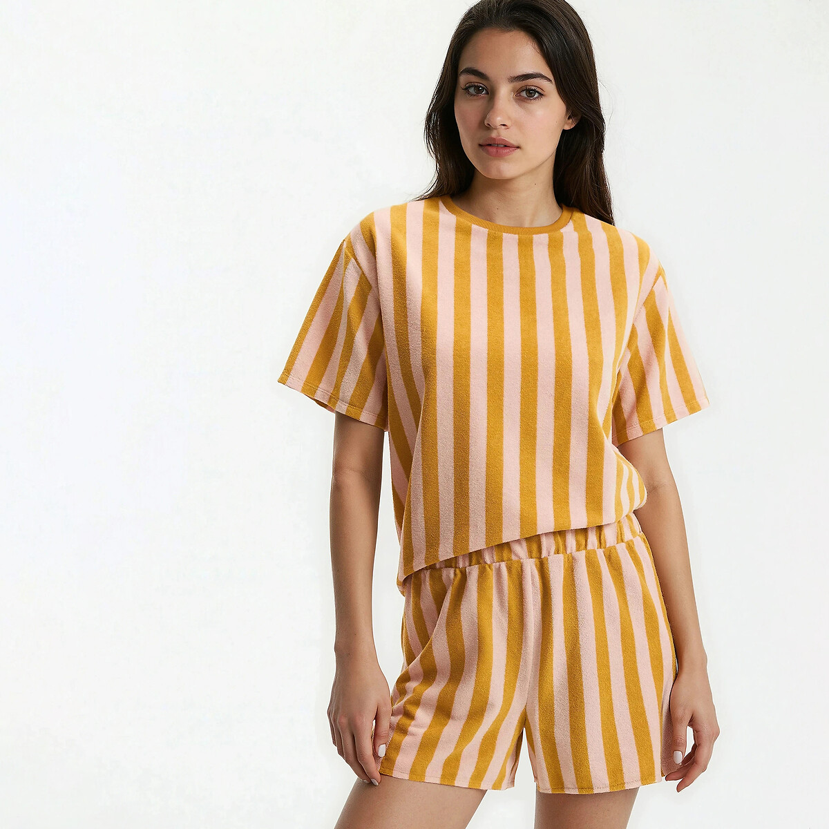 Pyjashort rayé, en maille éponge rayé rose/camel, LA REDOUTE COLLECTIONS