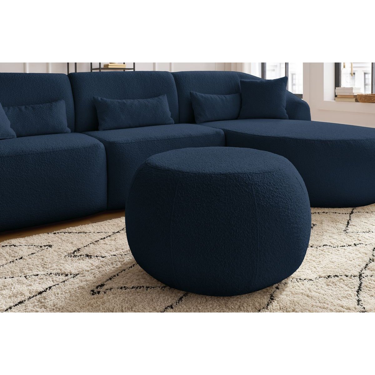 Canapé d'angle fixe 4 places en tissu bouclette avec pouf, ALESIA bleu foncé, BOBOCHIC