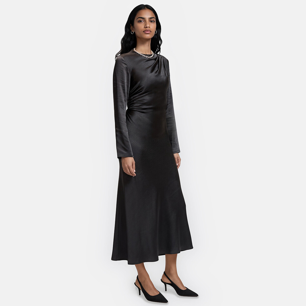 Robe longue drapée, manches longues, en satin  noir, LA REDOUTE COLLECTIONS