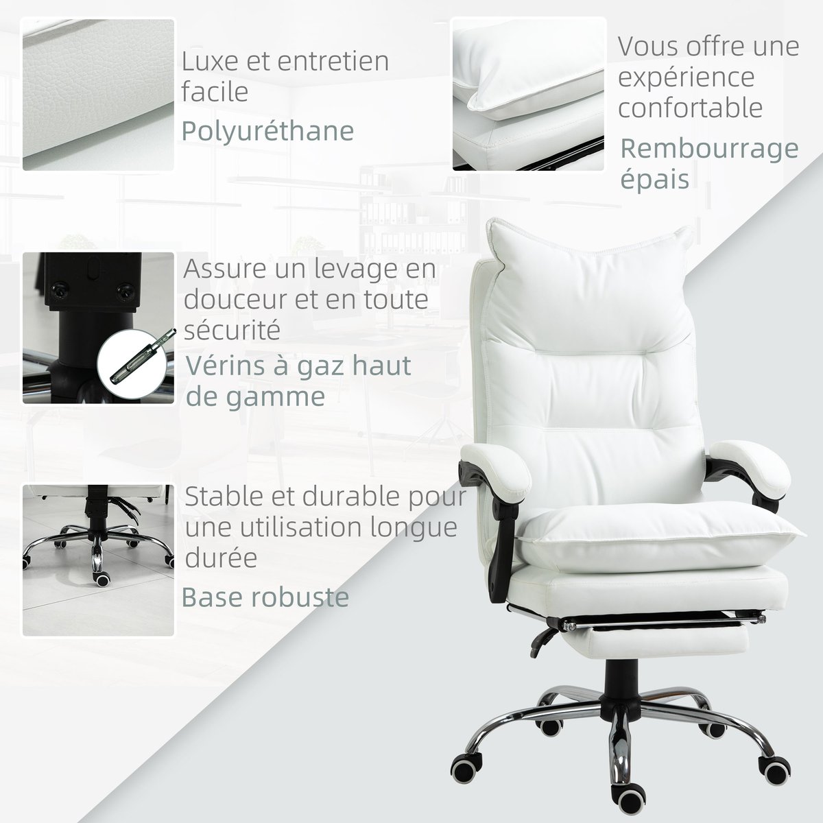 Chaise de bureau Polyuréthane Blanc blanc, HOMCOM