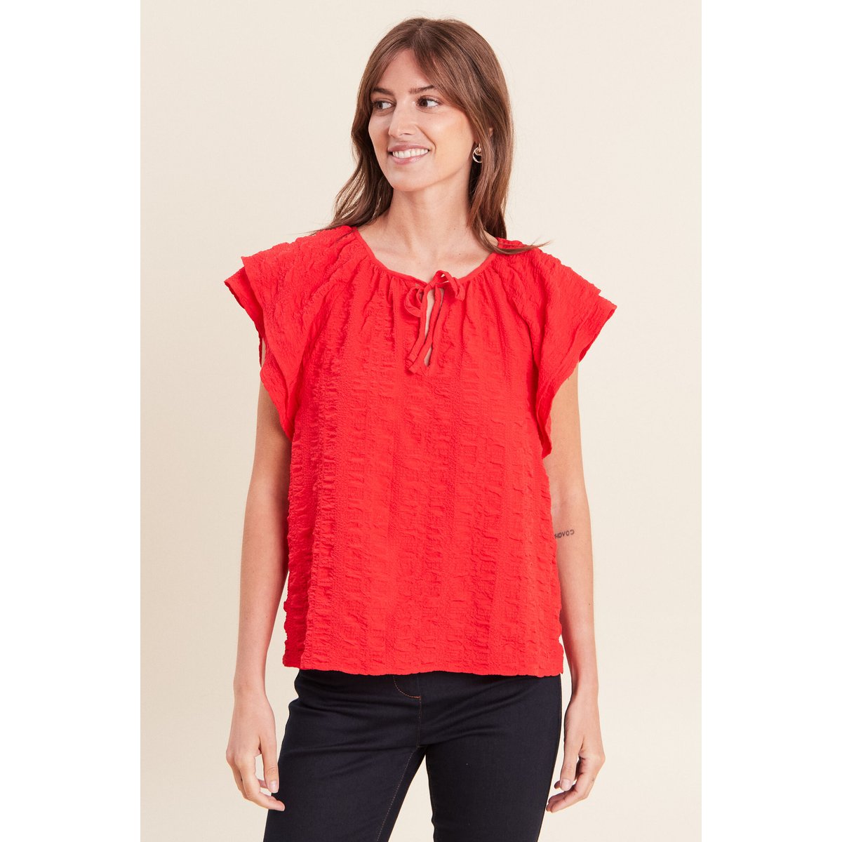 Blouse col v manches courtes fluide rouge, BREAL