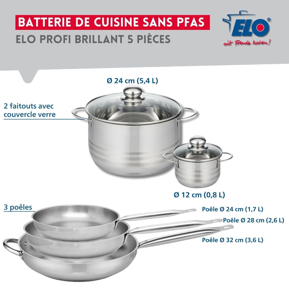 Batterie 3 poêles 24/28/32cm + 2 faitouts 12/24cm PROFI BRILLANT gris, ELO
