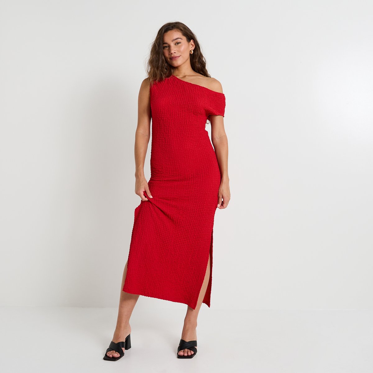 Robe longue en maille gaufrée orange rouge, GRAIN DE MALICE