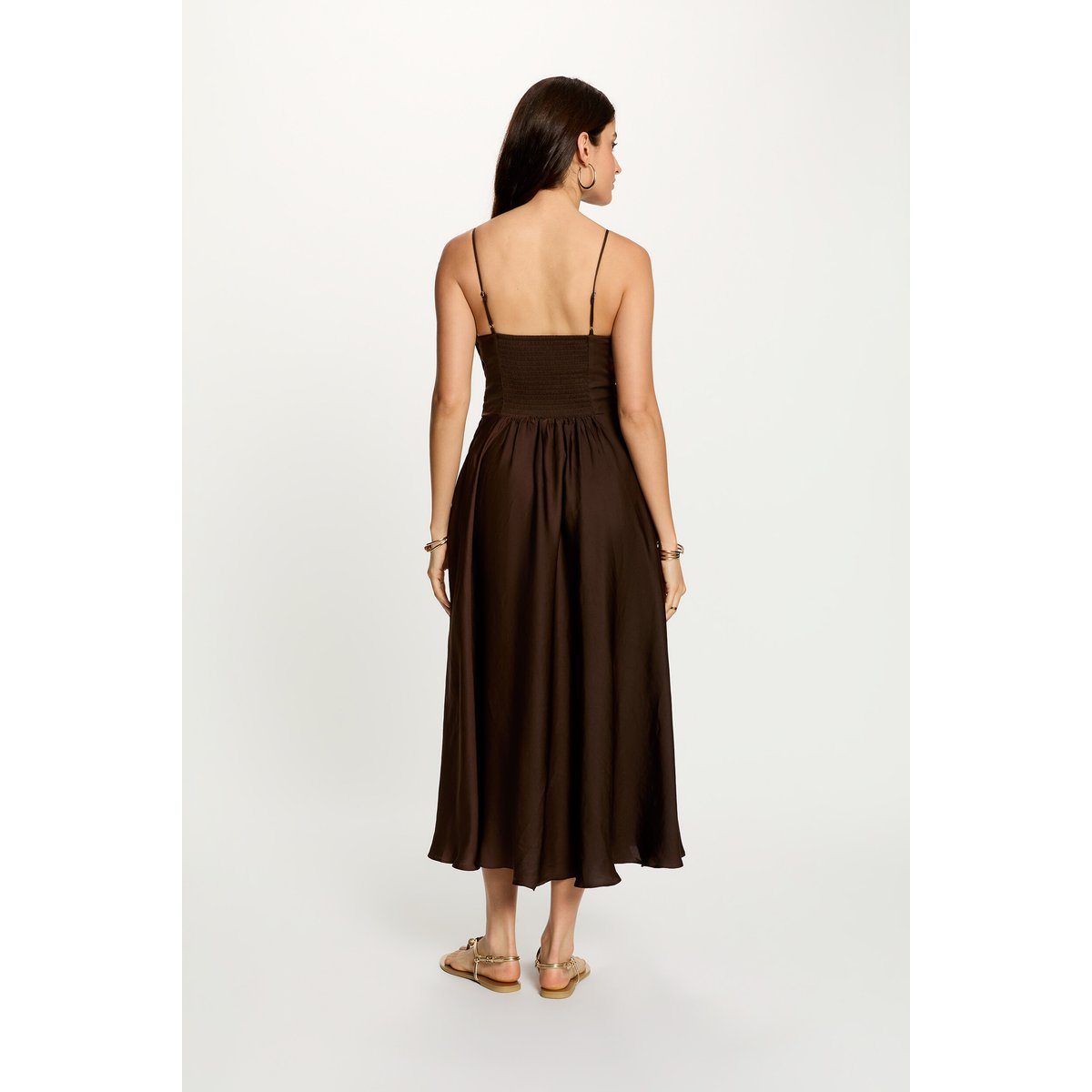 Robe longue col v marron foncé, MORGAN
