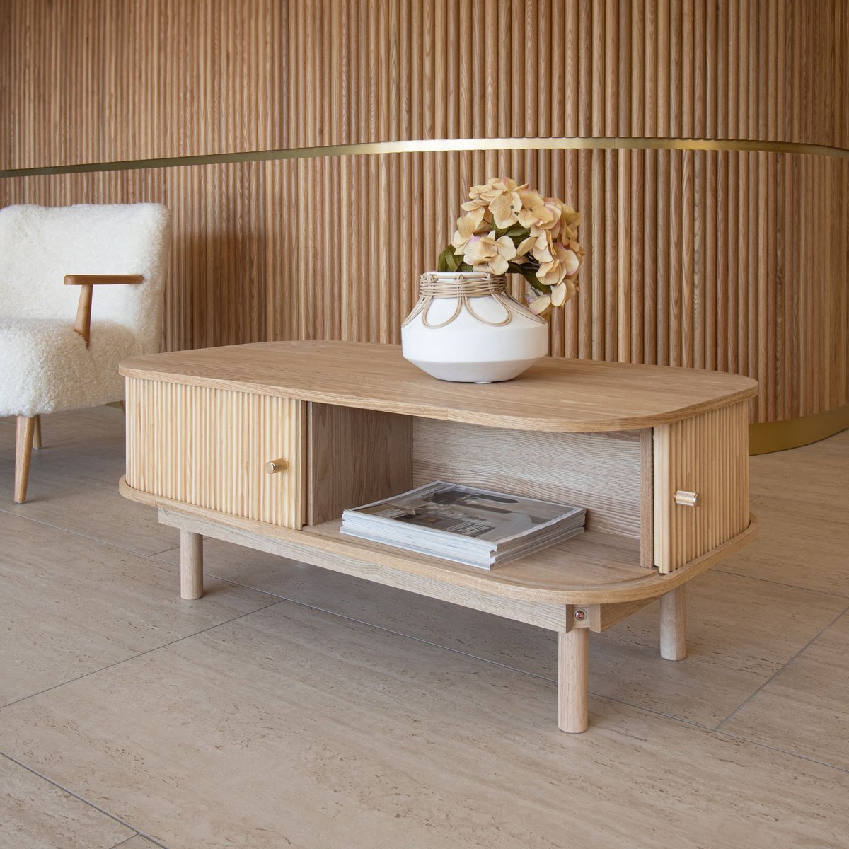 Table basse en bois clair avec portes coulissantes, HECTOR naturel, NOW'S HOME