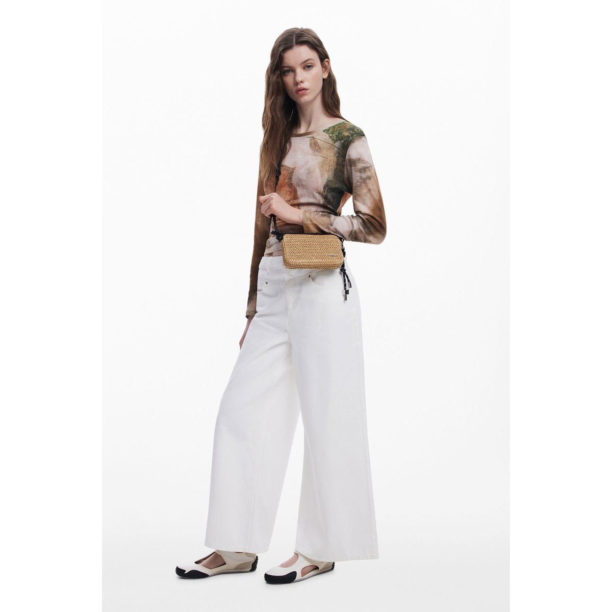 Sac bandoulière en raphia moyen blanc, DESIGUAL