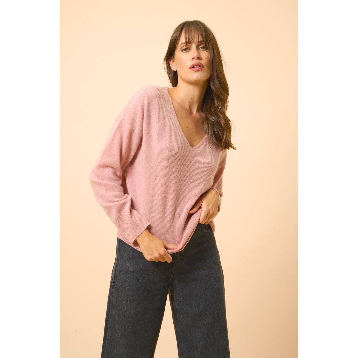 Pull Col V Bois De Rose Birse rose, JUST CASHMERE