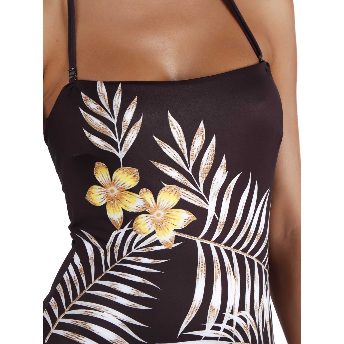 Maillot de bain 1 pièce bustier Ethnic Leaves noir, ADMAS