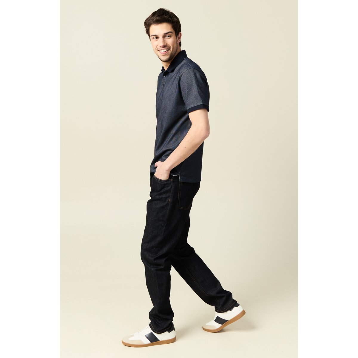 Polo cintré manches courtes col polo bleu marine, BONOBO