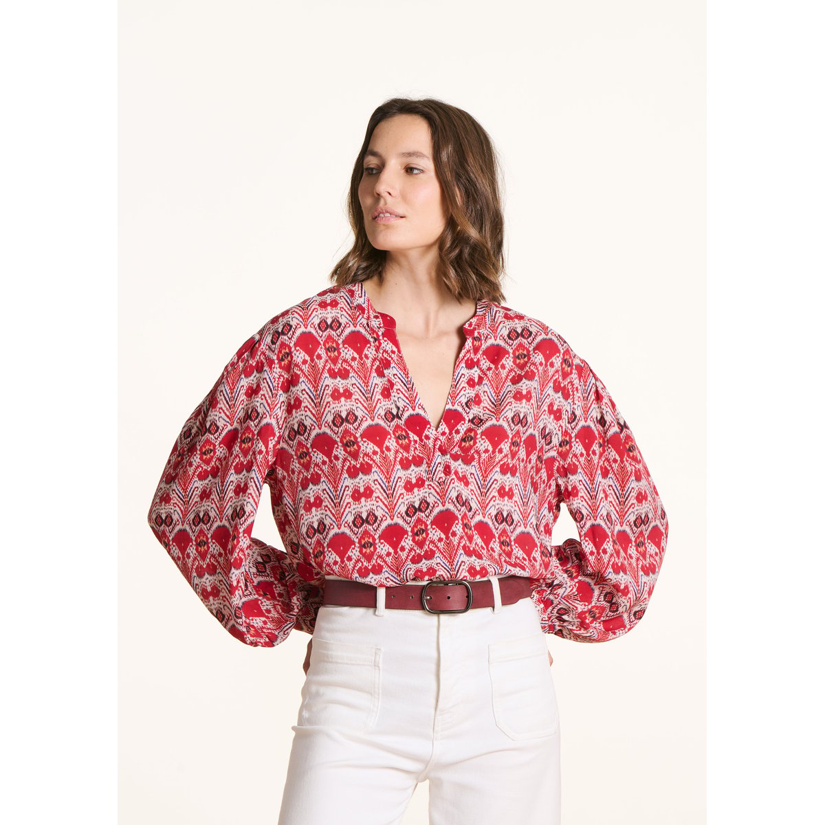 Top ample à imprimé manches longues ecru / rouge, LA FEE MARABOUTEE