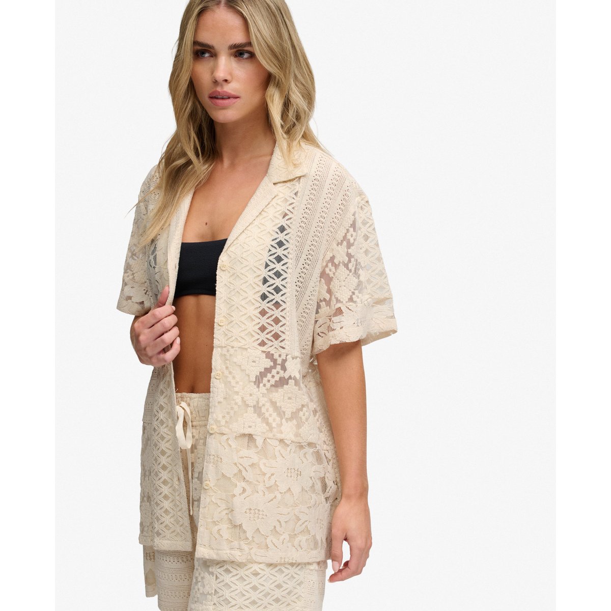 Chemise Resort Beach Dentelle Coupe Décontractée écru poudré, SUPERDRY