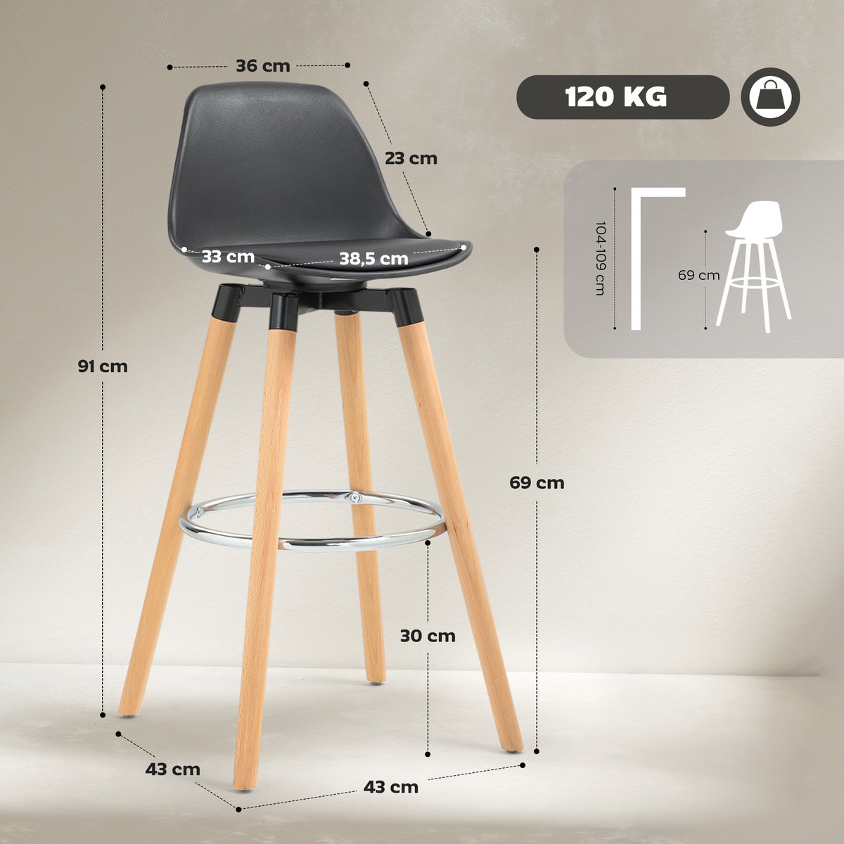 Tabouret de bar PU Noir noir, HOMCOM