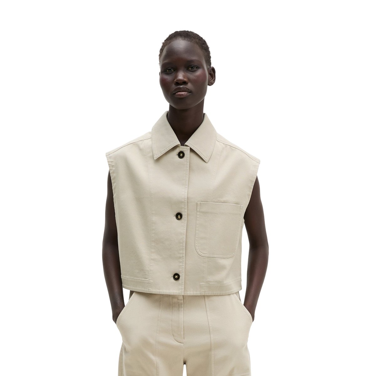 Gilet boxy en coton sergé stretch beige, MARC O'POLO