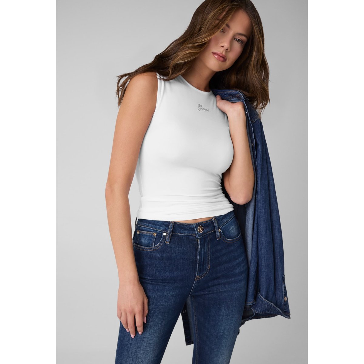 Top Avec Logo En Strass blanc, GUESS