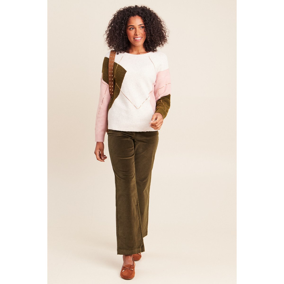 Pantalon taille haute en velours vert kaki, BREAL