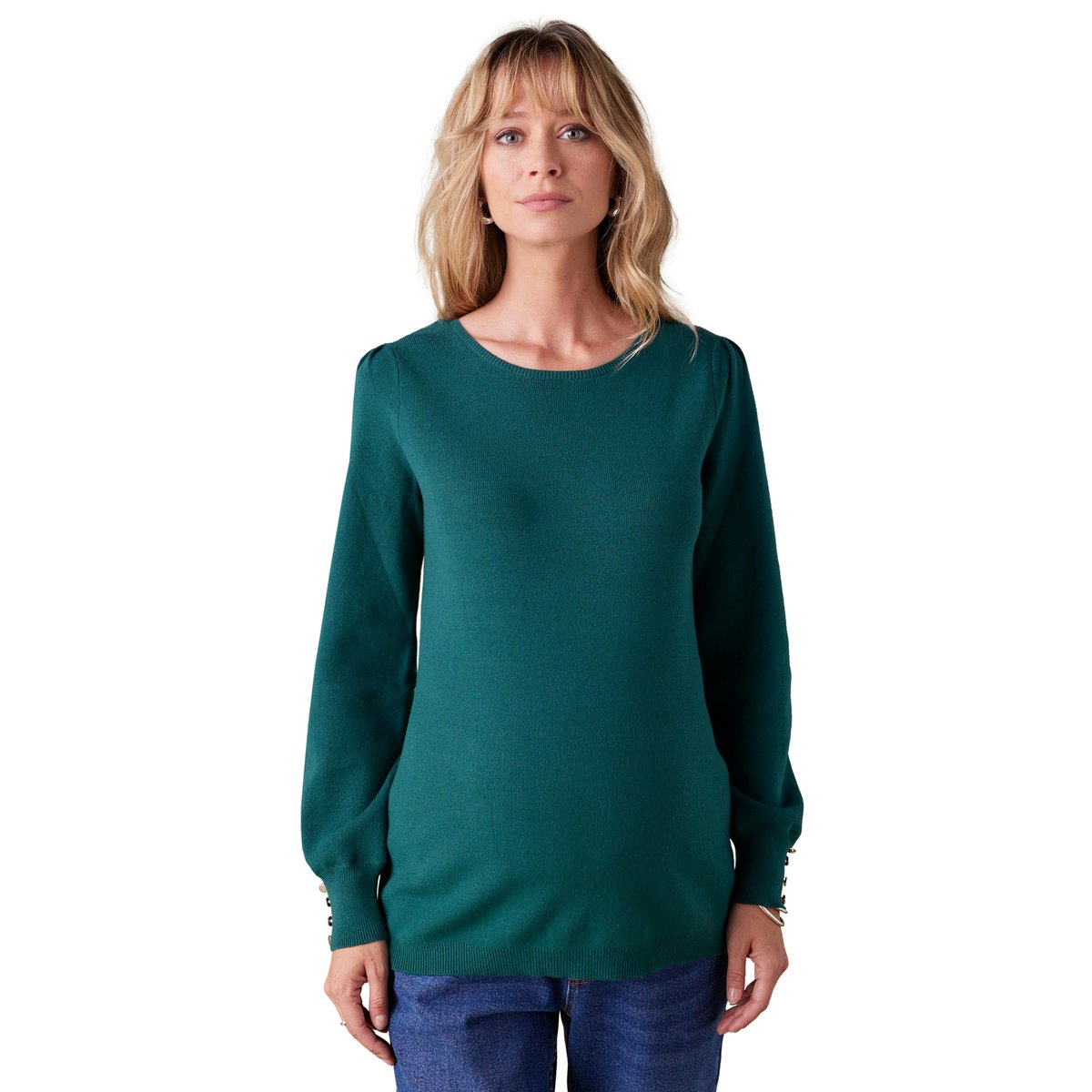 Pull maille fine détails boutons dorés vert sapin, ENVIE DE FRAISE